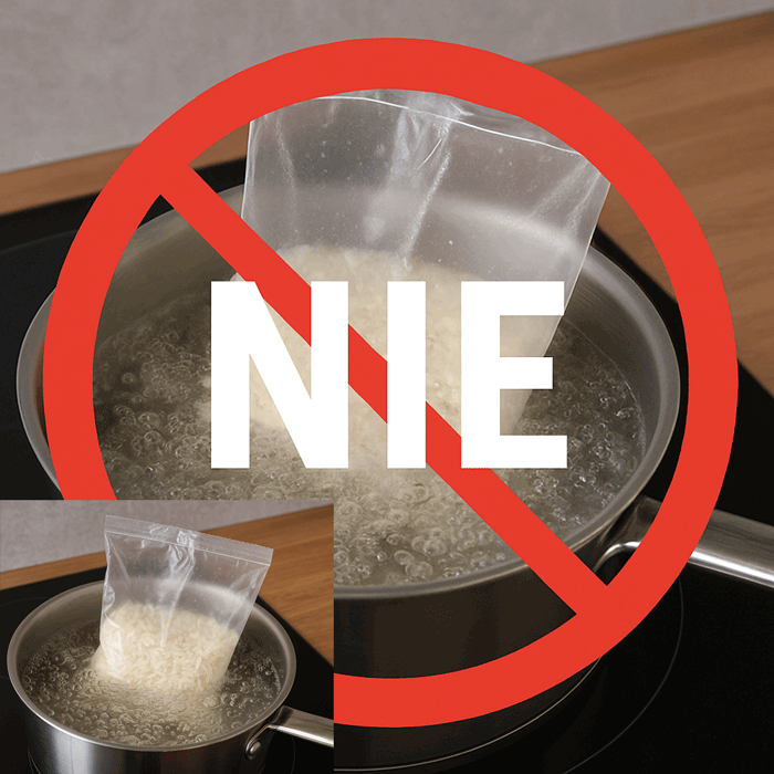 gotowanie ryzu w woreczkach z napisem NIE