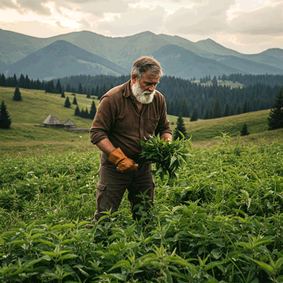 Zbieranie pokrzywy w gorach